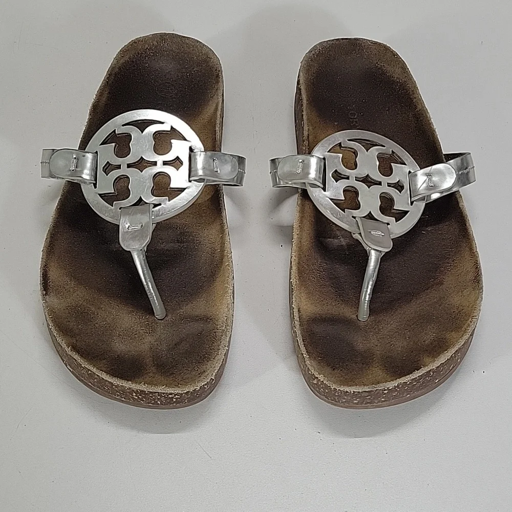 Tory Burch Silver Logo Thong Sandals Sz 8